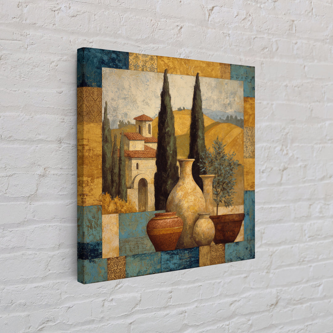 Tuscan Cypress Trees and Golden Hillside Framed Canvas Print, Mediterranean Art, Beach Prints, Living Room Decor, Azure, MAR-1x1-78