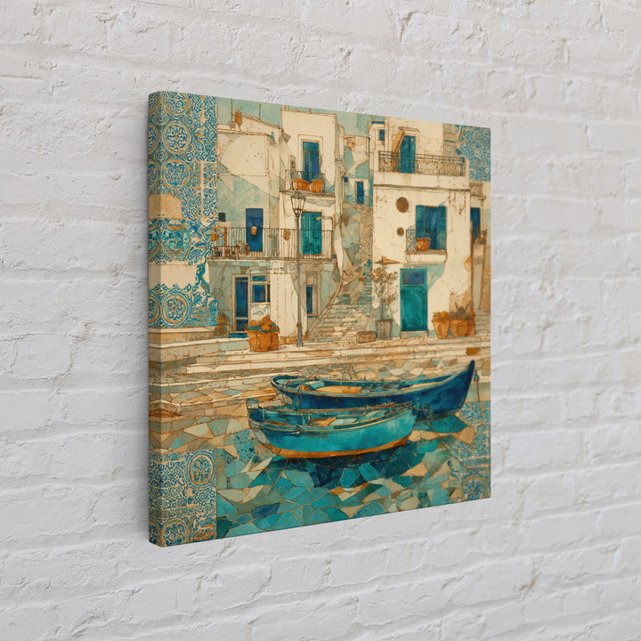 Coastal Fishing Boats Framed Canvas Print, Mediterranean Art, Wall Decor, Living Room Decor, Oil Painting, Azure, MAR-1x1-79
