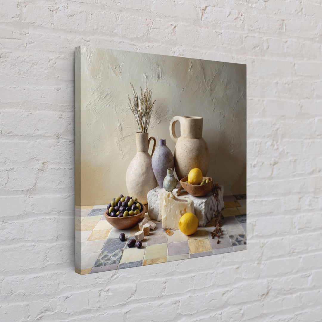 Figs Olives and Cheese Still Life Framed Canvas Print, Mediterranean Art, Printable Art, Living Room Decor, Fine Art, Azure, MAR-1x1-8