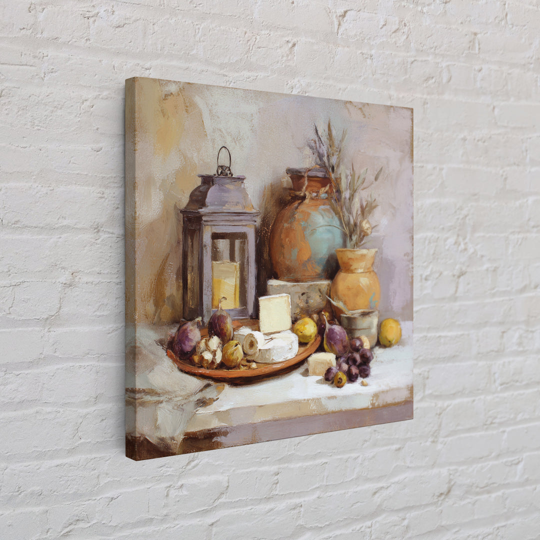 Figs Olives and Cheese Still Life Framed Canvas Print, Mediterranean Art, Wall Decor, Living Room Decor, Fine Art, Azure, MAR-1x1-80