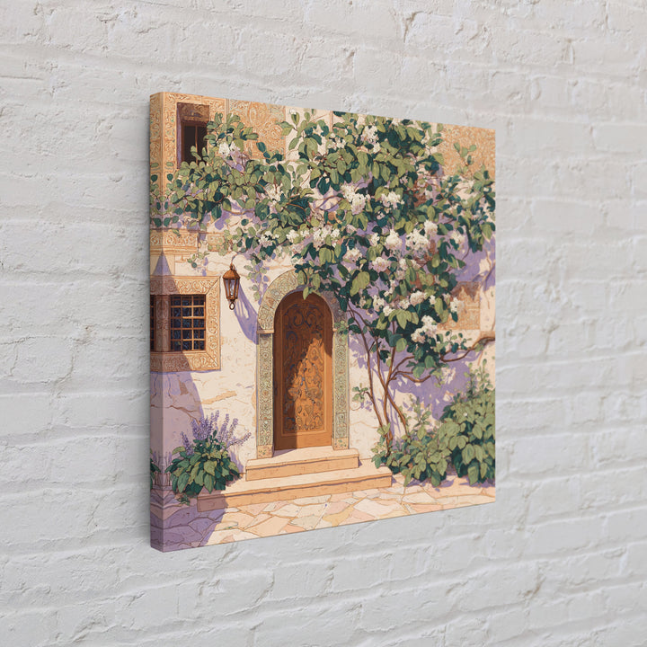 Sunlit Courtyard Doorway Framed Canvas Print, Mediterranean Art, Neutral Decor, Living Room Decor, Oil Painting, Azure, MAR-1x1-83
