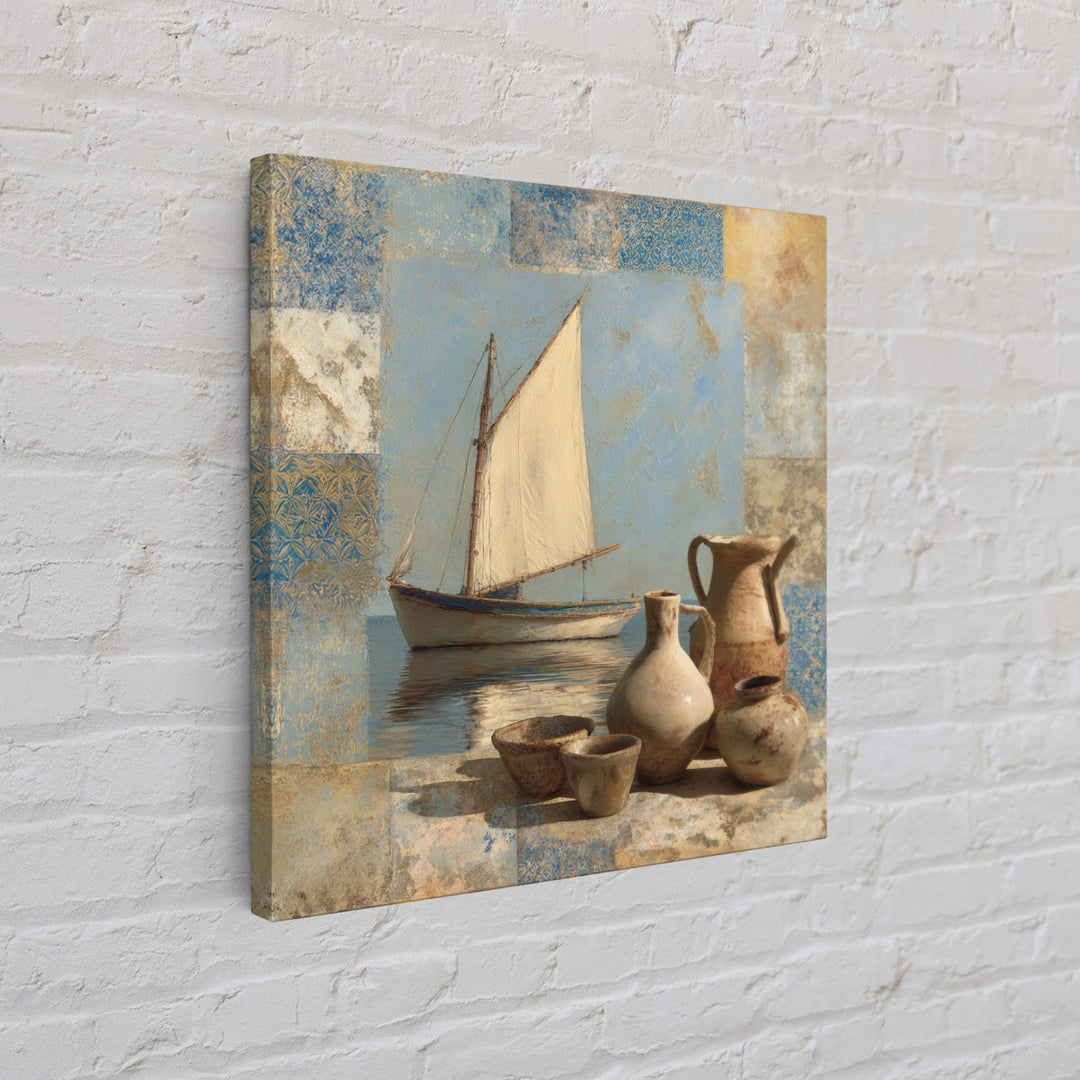 Mediterranean Sailboat on Glassy Water Canvas Print, Mediterranean Art, Gallery Wall Art, Living Room Decor, Fine Art, Azure, MAR-1x1-90
