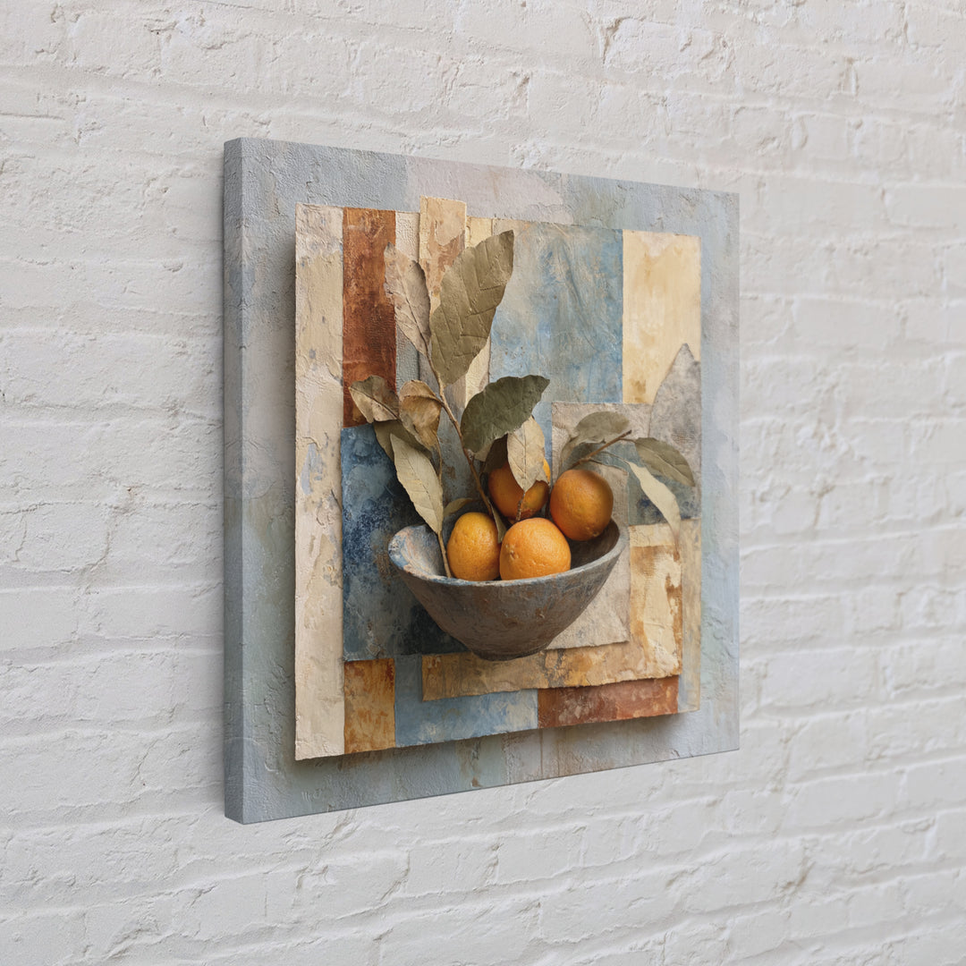 Ceramic Bowl of Oranges and Leaves Framed Canvas Print, Mediterranean Art, Wall Decor, Living Room Decor, Oil Painting, Azure, MAR-1x1-93