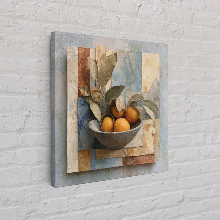 Ceramic Bowl of Oranges and Leaves Framed Canvas Print, Mediterranean Art, Wall Decor, Living Room Decor, Oil Painting, Azure, MAR-1x1-93