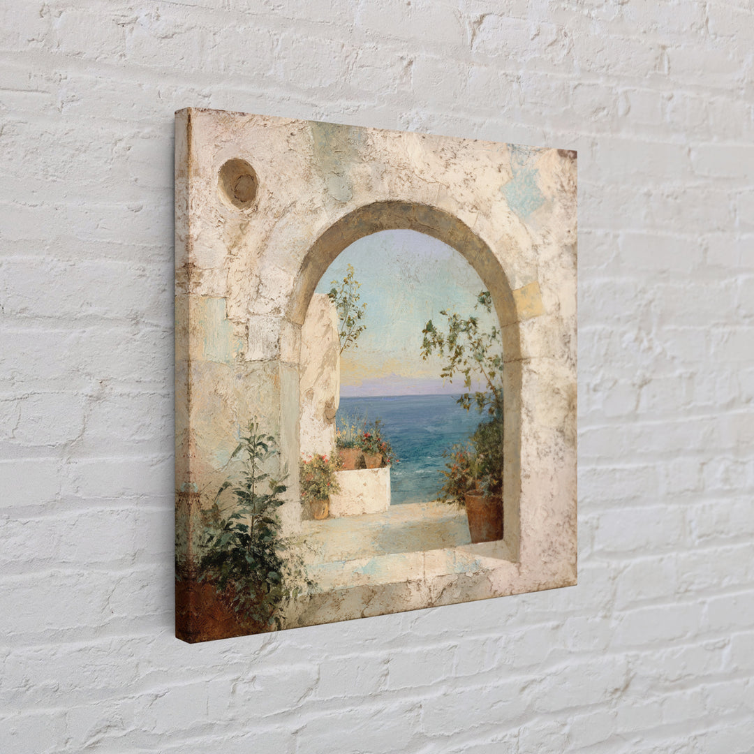 Mediterranean Arch Framing Ocean Horizon Canvas Print, Mediterranean Art, Living Room Decor, Oil Painting, Azure, MAR-1x1-99