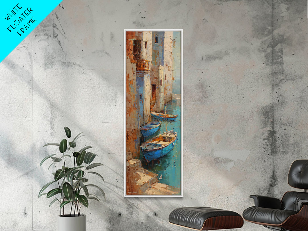 Coastal Fishing Boats Framed Canvas Print, Mediterranean Art, Boho Decor, Living Room Decor, Fine Art, Azure, Digital Wall Art, MAR-1x3-19