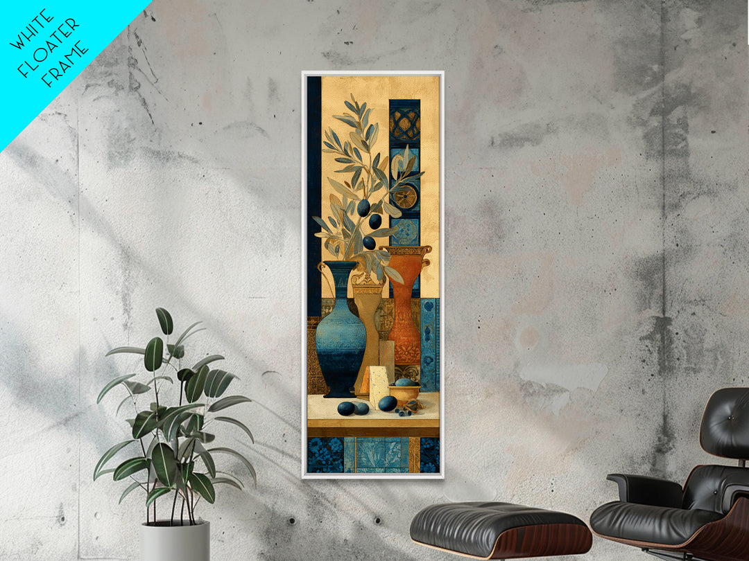 Figs Olives and Cheese Still Life Framed Canvas Print, Mediterranean Art, Travel Poster, Living Room Decor, Fine Art, Azure, MAR-1x3-20