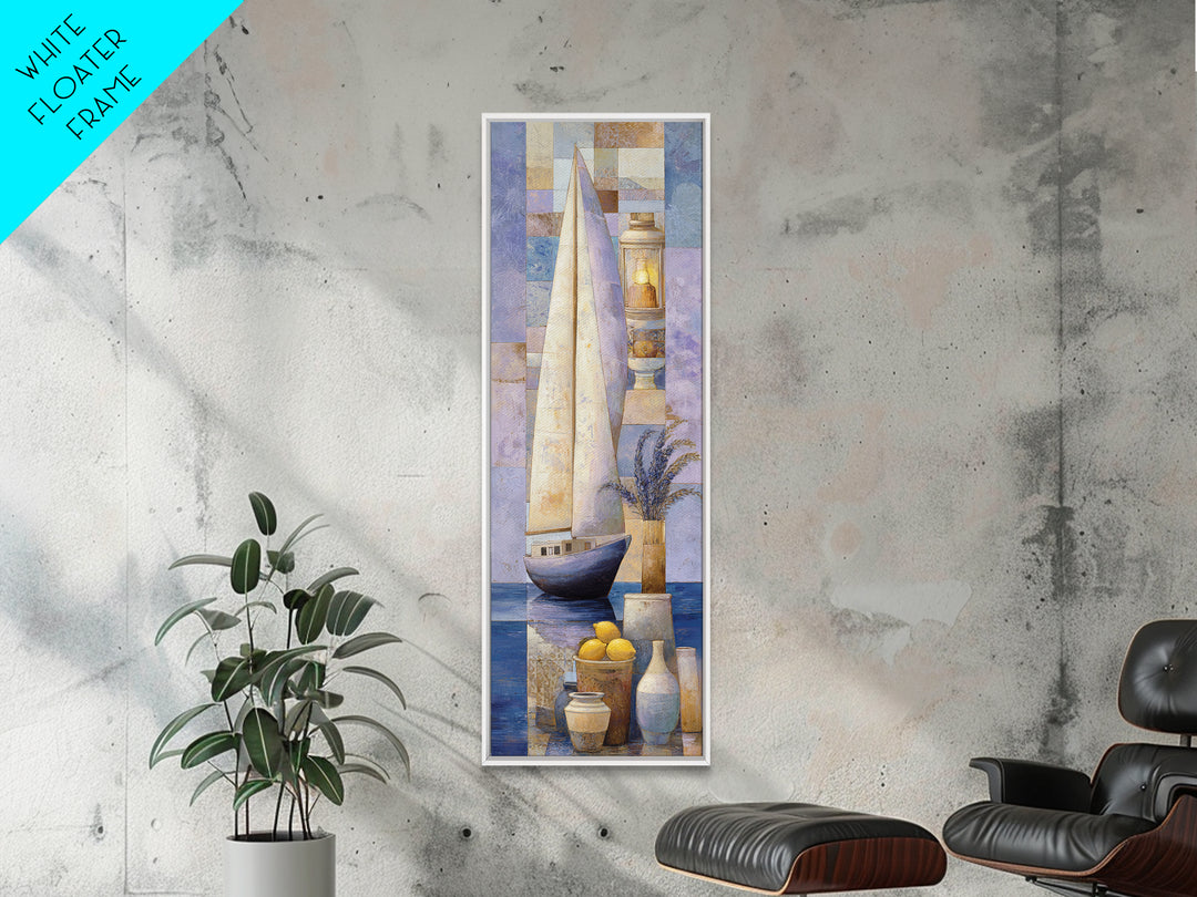 Mediterranean Sailboat on Glassy Water Framed Canvas Print, Mediterranean Art, Coastal Decor, Living Room Decor, Oil Painting, MAR-1x3-30