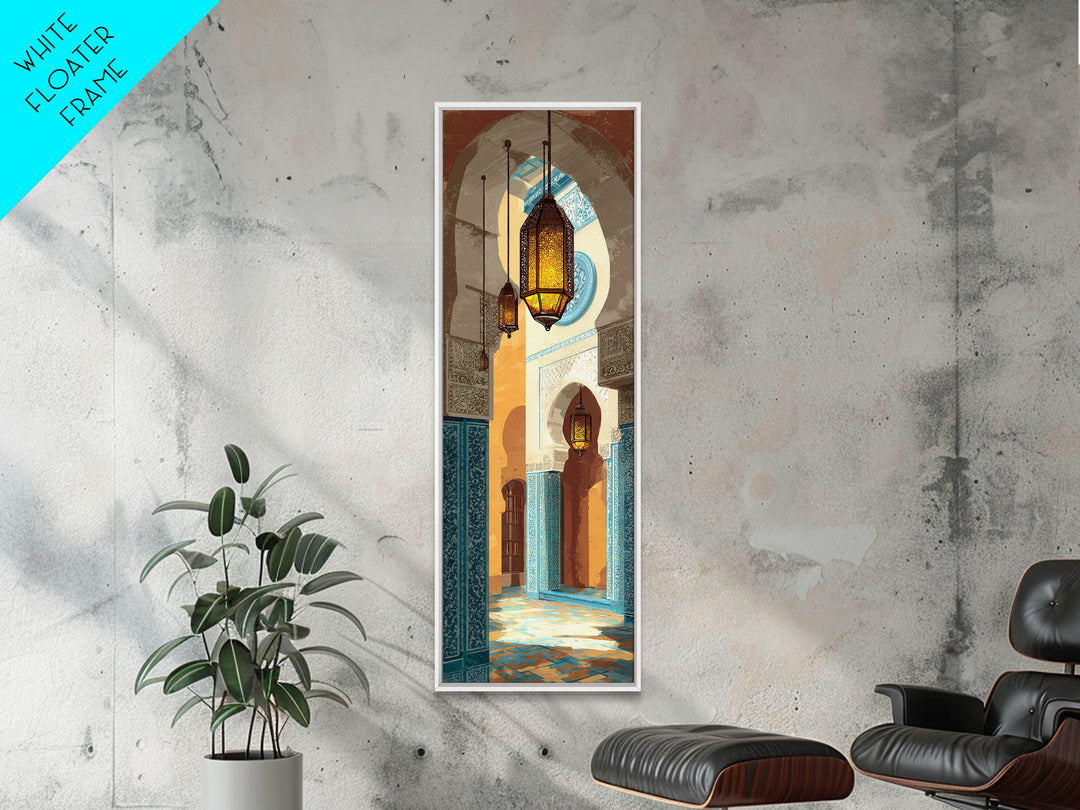 Moroccan Influenced Lantern Framed Canvas Print, Mediterranean Art, Travel Poster, Living Room Decor, Oil Painting, Azure, MAR-1x3-45