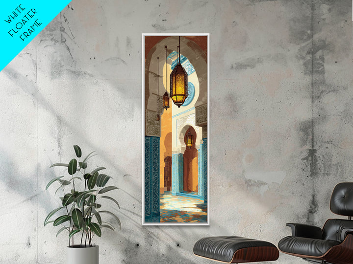 Moroccan Influenced Lantern Framed Canvas Print, Mediterranean Art, Travel Poster, Living Room Decor, Oil Painting, Azure, MAR-1x3-45