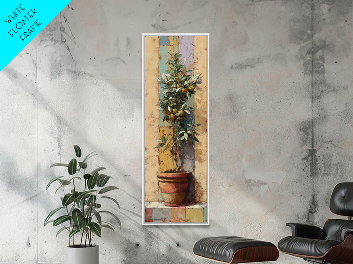 Citrus Tree in Clay Pot Framed Canvas Print, Mediterranean Art, Coastal Art, Living Room Decor, Azure, Statement Artwork, MAR-1x3-46