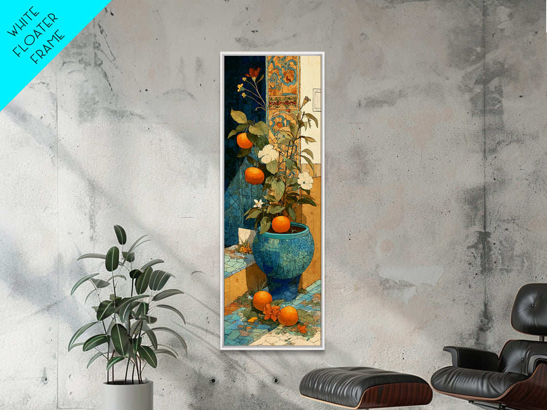 Ceramic Bowl of Oranges and Leaves Canvas Print, Mediterranean Art, Beach Prints, Living Room Decor, Abstract Art, Azure, MAR-1x3-57