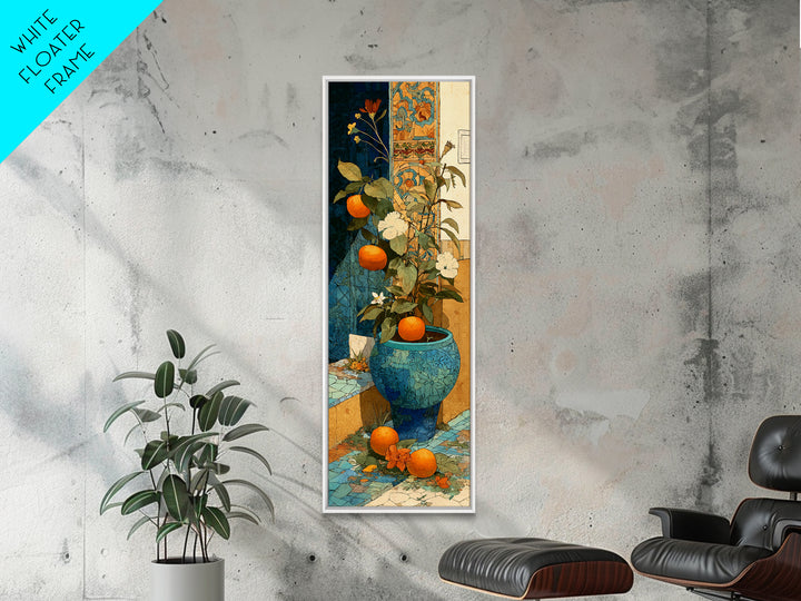 Ceramic Bowl of Oranges and Leaves Canvas Print, Mediterranean Art, Beach Prints, Living Room Decor, Abstract Art, Azure, MAR-1x3-57