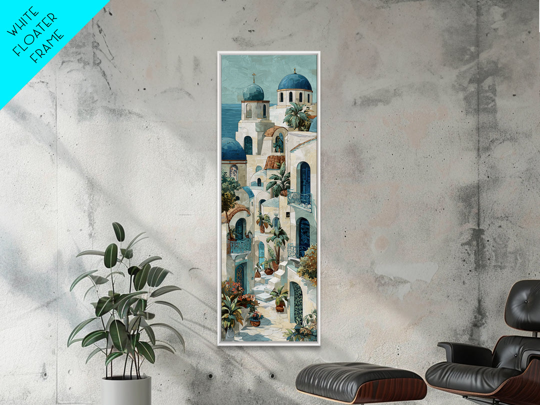 Greek Island White Buildings Above Blue Sea Framed Canvas Print, Mediterranean Art, Modern Decor, Living Room Decor, Azure, MAR-1x3-61