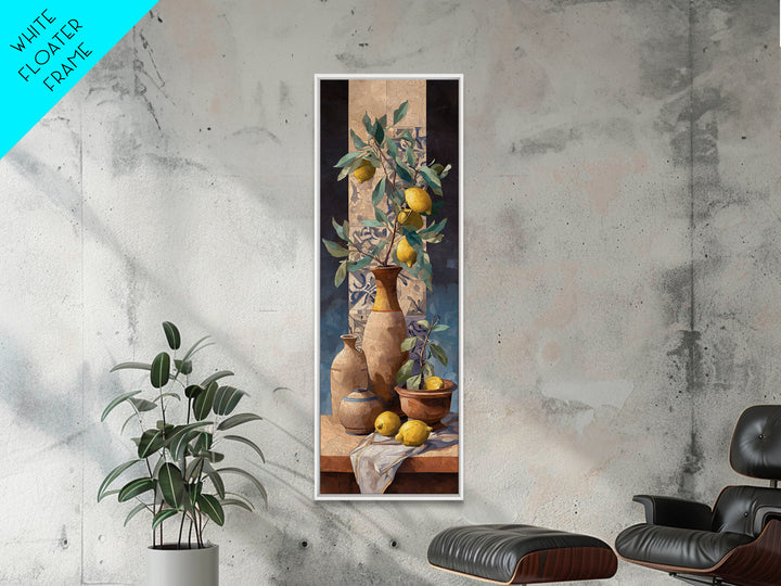 Olive Branch and Lemons on Terracotta Ground Canvas Print, Mediterranean Art, Beach Prints, Living Room Decor, Azure, MAR-1x3-62