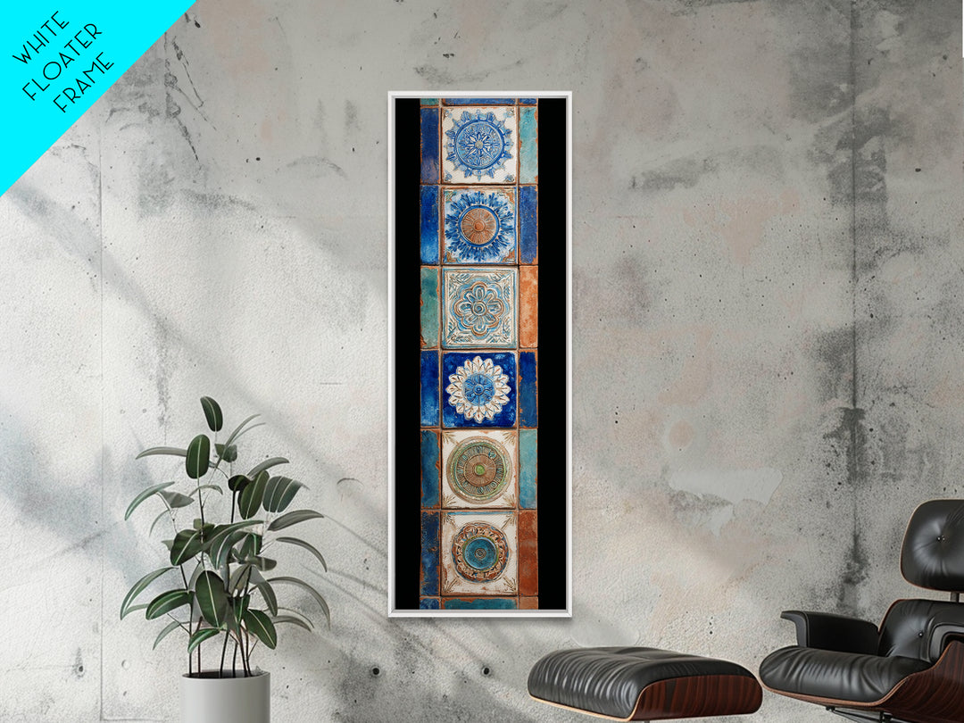 Blue and White Tile Pattern Framed Canvas Print, Mediterranean Art, Printable Wall Art, Living Room Decor, Fine Art, Azure, MAR-1x3-64