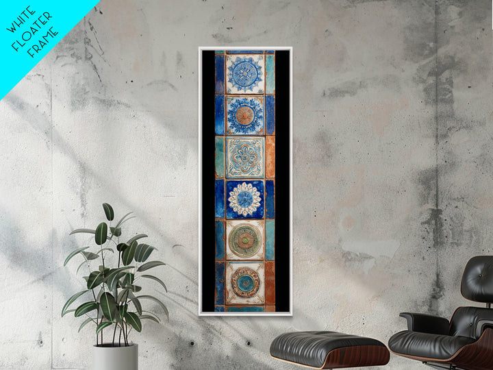 Blue and White Tile Pattern Framed Canvas Print, Mediterranean Art, Printable Wall Art, Living Room Decor, Fine Art, Azure, MAR-1x3-64