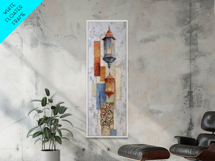 Moroccan Influenced Lantern Framed Canvas Print, Mediterranean Art, Travel Poster, Living Room Decor, Oil Painting, Azure, MAR-1x3-69
