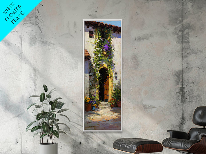 Sunlit Courtyard Doorway Framed Canvas Print, Mediterranean Art, Farmhouse Decor, Living Room Decor, Fine Art, Azure, MAR-1x3-71