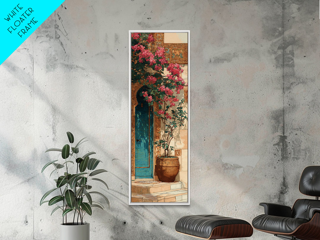 Bougainvillea Cascading over Stone Wall Canvas Print, Mediterranean Art, Watercolor Painting, Living Room Decor, Azure, MAR-1x3-89