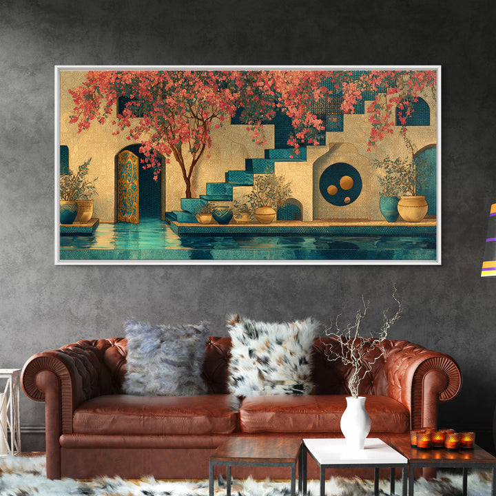 Bougainvillea Cascading over Stone Wall Framed Canvas Print, Mediterranean Art, Art Print, Living Room Decor, Fine Art, Azure, MAR-2x1-1