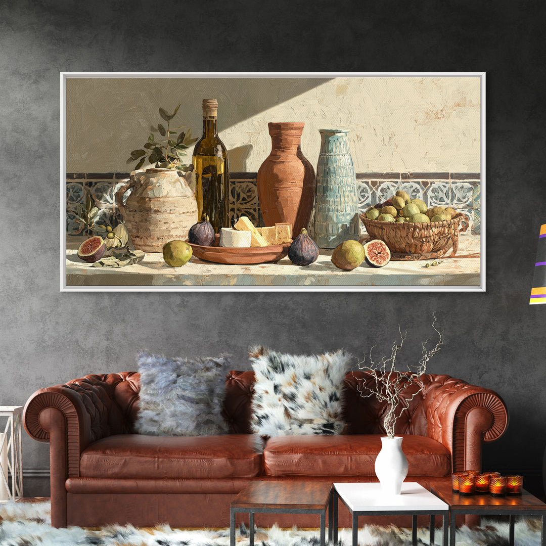 Figs Olives and Cheese Still Life Framed Canvas Print, Mediterranean Art, Minimalist Wall Art, Living Room Decor, Azure, MAR-2x1-100