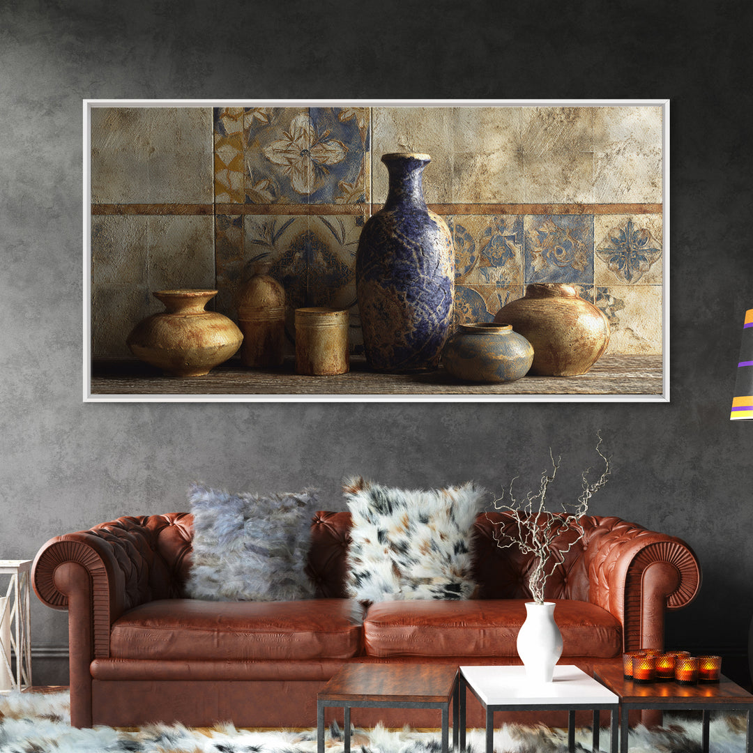 Spanish Tile Ornament Framed Canvas Print, Mediterranean Art, Luxury Decor, Living Room Decor, Fine Art, Azure, Framed Wall Art, MAR-2x1-12