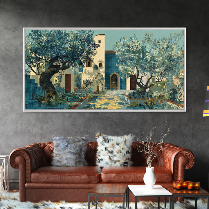 Olive Grove under Pale Morning Light Framed Canvas Print, Mediterranean Art, Boho Decor, Living Room Decor, Fine Art, Azure, MAR-2x1-13