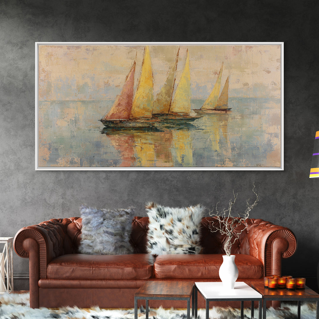 Mediterranean Sailboat on Glassy Water Framed Canvas Print, Mediterranean Art, Travel Poster, Living Room Decor, Watercolor Art, MAR-2x1-14