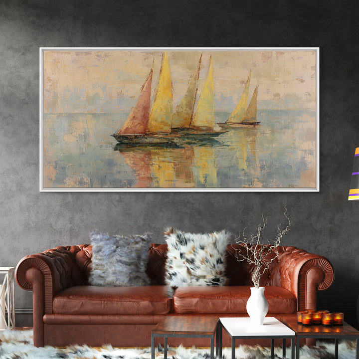 Mediterranean Sailboat on Glassy Water Framed Canvas Print, Mediterranean Art, Travel Poster, Living Room Decor, Watercolor Art, MAR-2x1-14