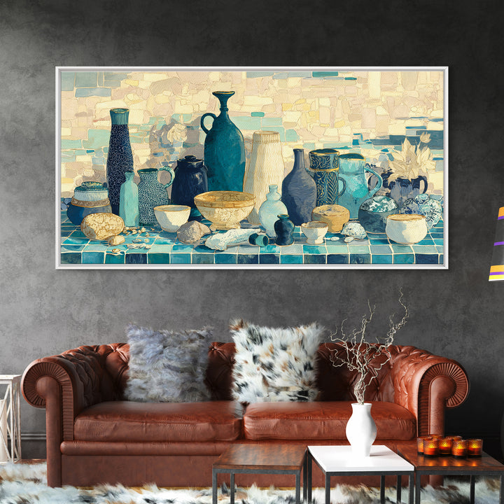 Coastal Cliffs with Sparkling Blue Water Framed Canvas Print, Mediterranean Art, Modern Decor, Living Room Decor, Azure, MAR-2x1-16