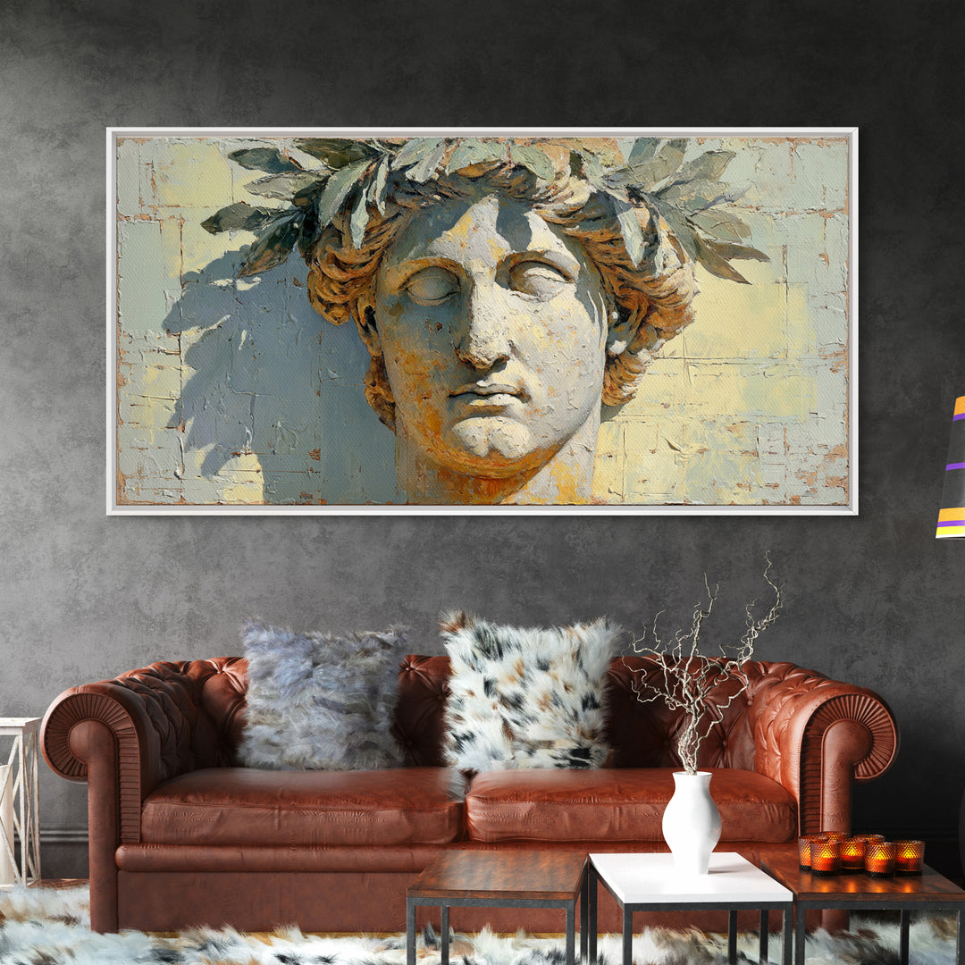 Roman Statue Bust Framed Canvas Print, Mediterranean Art, Gallery Decor, Living Room Decor, Fine Art, Azure, Minimalist Decor, MAR-2x1-18