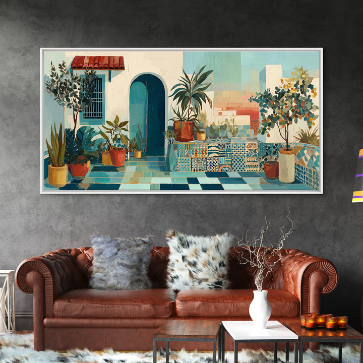 Sunset over Red Tiled Rooftops Framed Canvas Print, Mediterranean Art, Gallery Wall Art, Living Room Decor, Fine Art, Azure, MAR-2x1-19