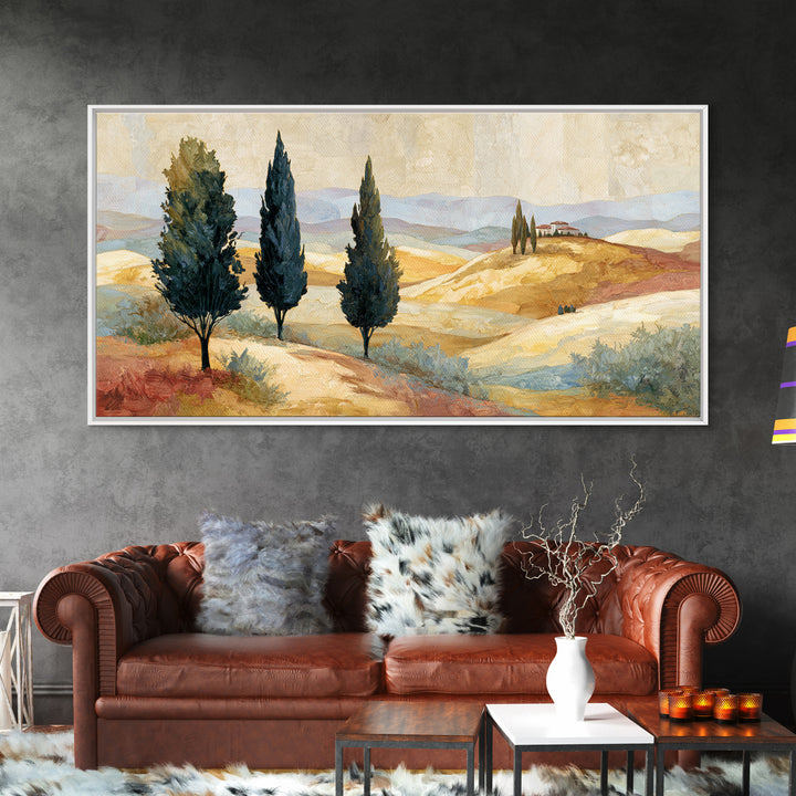 Tuscan Cypress Trees and Golden Hillside Canvas Print, Mediterranean Art, Neutral Decor, Living Room Decor, Abstract Art, Azure, MAR-2x1-2