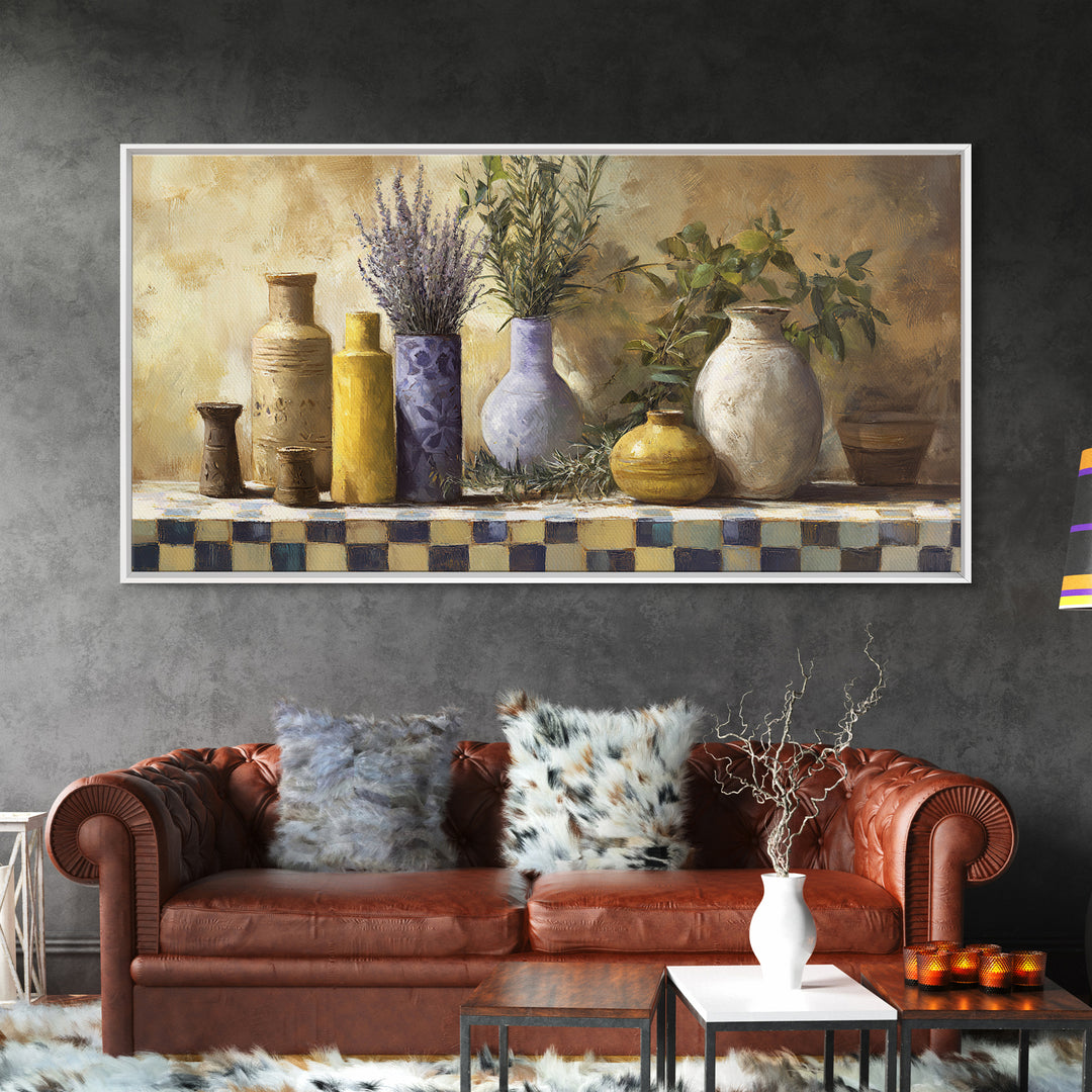 Wild Herbs Rosemary and Thyme Botanical Study Framed Canvas Print, Mediterranean Art, Fine Art Print, Living Room Decor, Azure, MAR-2x1-20
