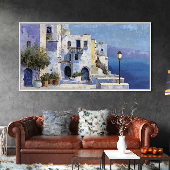 Greek Island White Buildings Above Blue Sea Canvas Print, Mediterranean Art, Luxury Decor, Living Room Decor, Oil Painting, MAR-2x1-21