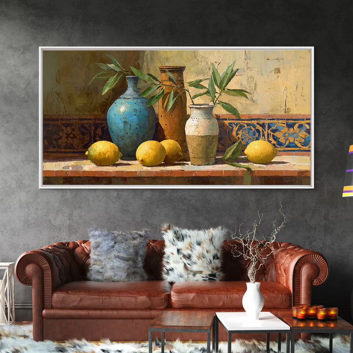 Olive Branch and Lemons on Terracotta Ground Canvas Print, Mediterranean Art, Wall Decor, Living Room Decor, Fine Art, Azure, MAR-2x1-22