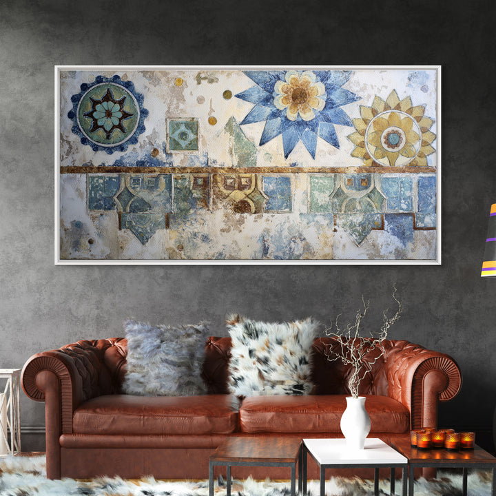 Blue and White Tile Pattern Framed Canvas Print, Mediterranean Art, Textured Painting, Living Room Decor, Fine Art, Azure, MAR-2x1-24
