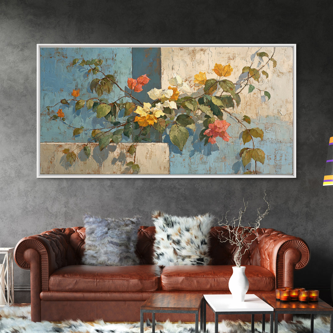 Bougainvillea Cascading over Stone Wall Framed Canvas Print, Mediterranean Art, Art Print, Living Room Decor, Fine Art, Azure, MAR-2x1-25