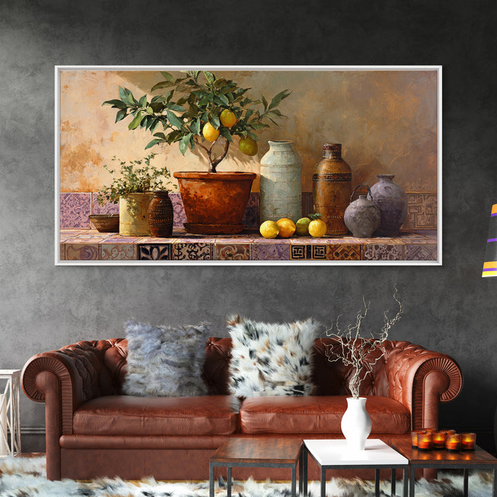 Citrus Tree in Clay Pot Framed Canvas Print, Mediterranean Art, Modern Decor, Living Room Decor, Fine Art, Azure, MAR-2x1-30