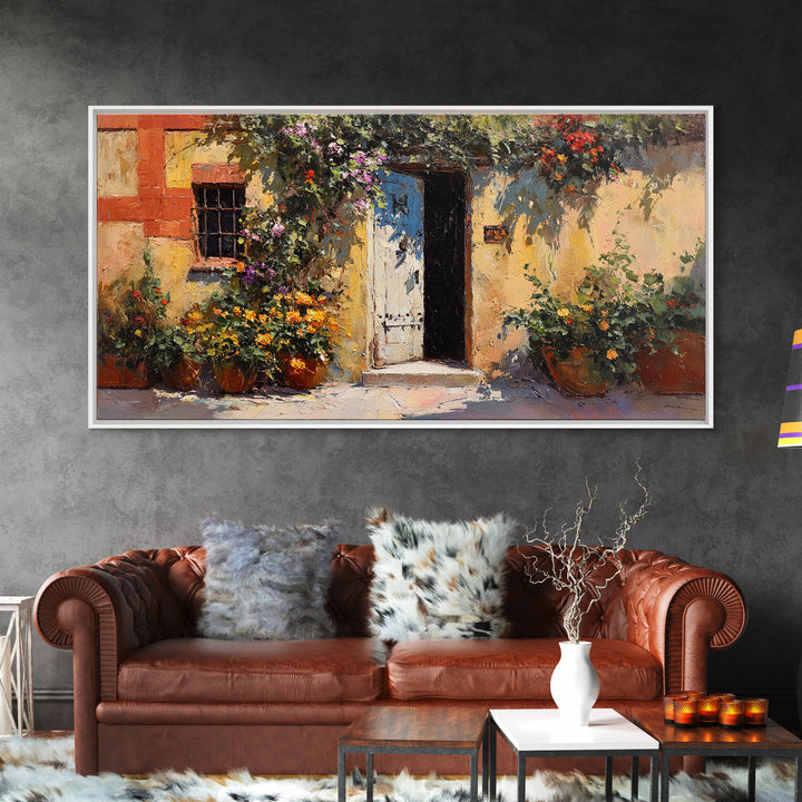 Sunlit Courtyard Doorway Canvas Print, Mediterranean Art, Large Wall Art, Living Room Decor, Azure, Digital Art Prints, MAR-2x1-31