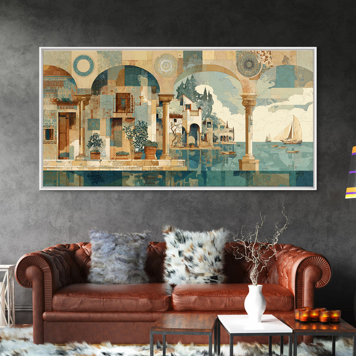 Ancient Column with Sea and Sky Beyond Canvas Print, Mediterranean Art, Minimalist Decor, Living Room Decor, Oil Painting, MAR-2x1-32