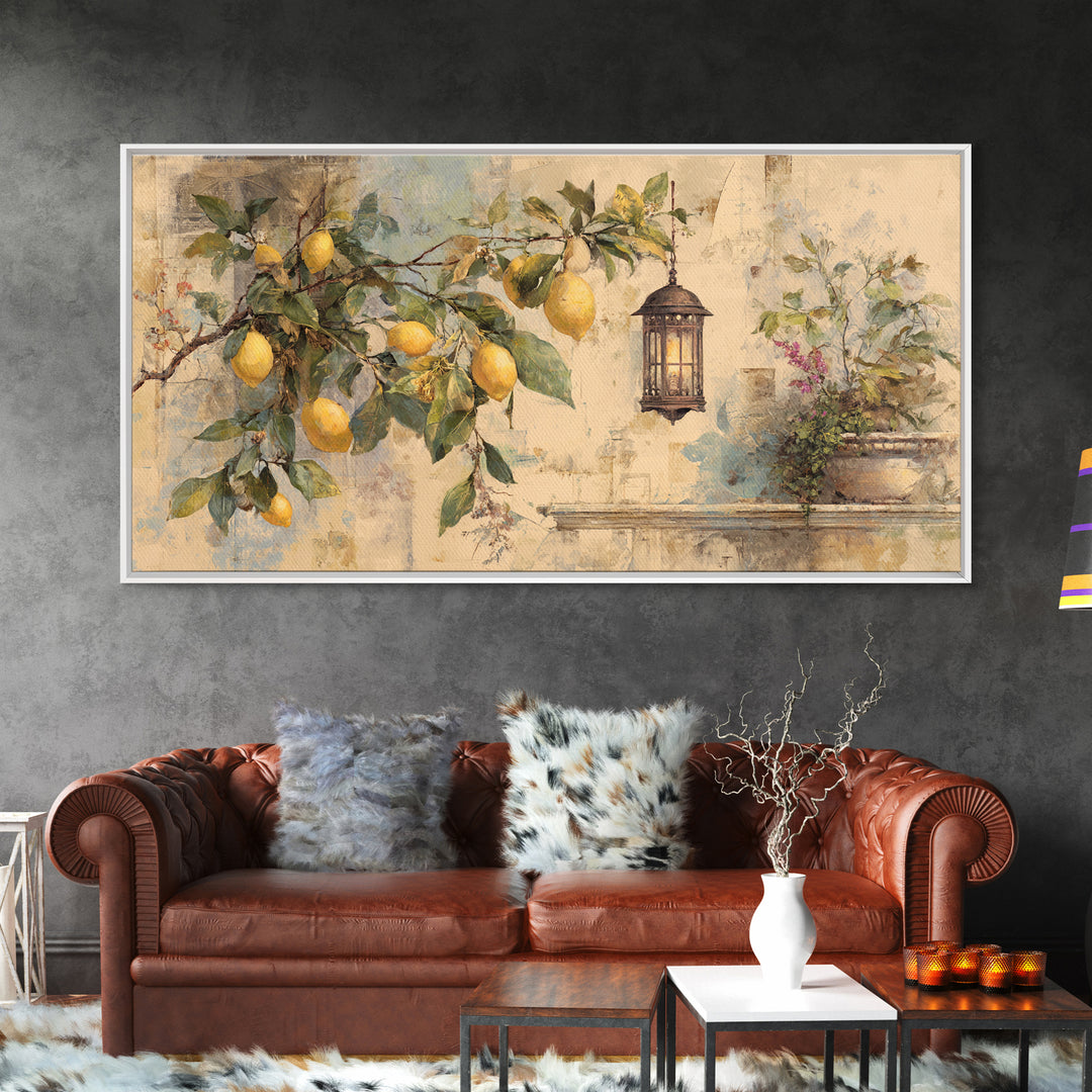 Sicilian Lemon Branch on Ivory Background Canvas Print, Mediterranean Art, Statement Artwork, Living Room Decor, Azure, MAR-2x1-33