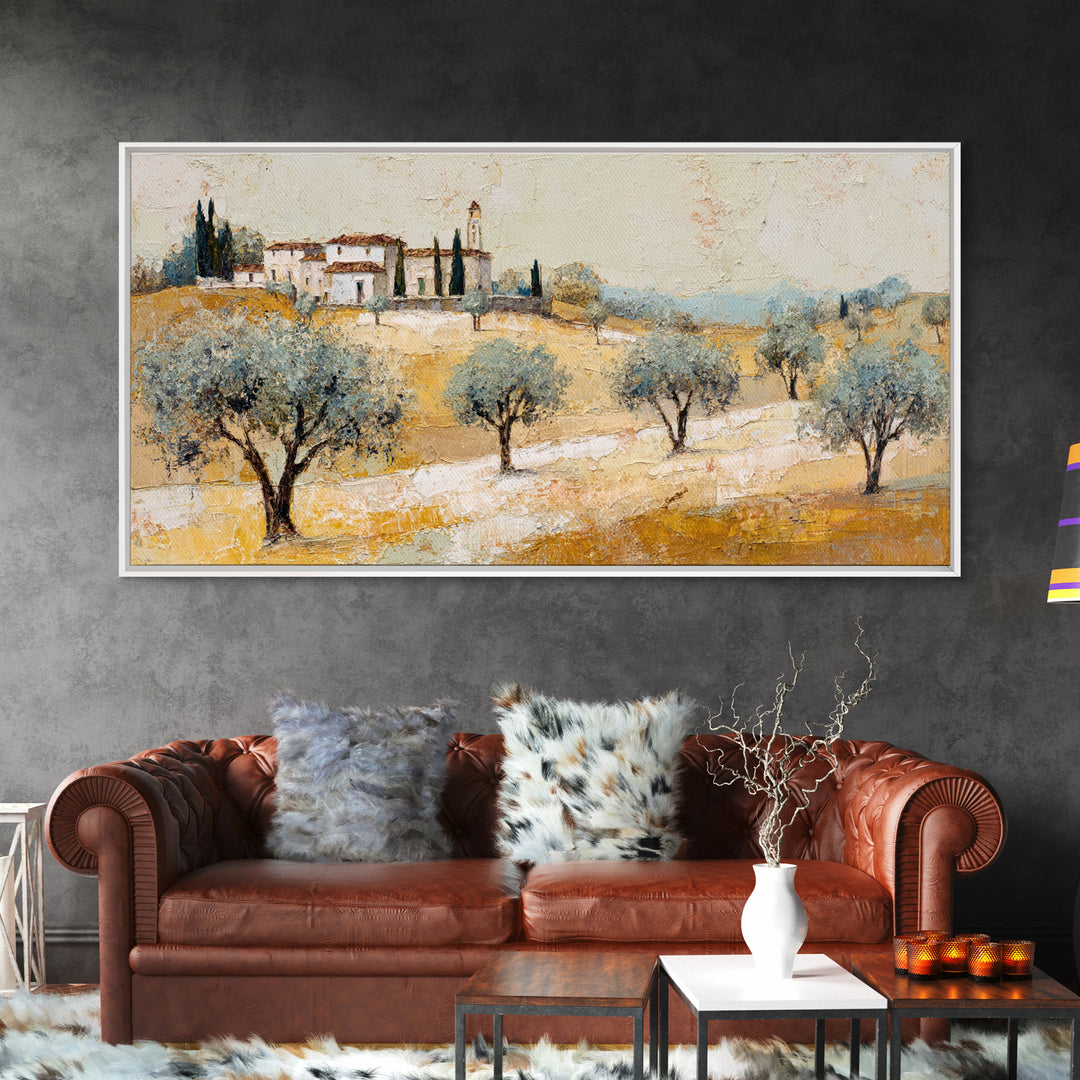 Olive Grove under Pale Morning Light Framed Canvas Print, Mediterranean Art, Boho Decor, Living Room Decor, Fine Art, Azure, MAR-2x1-37