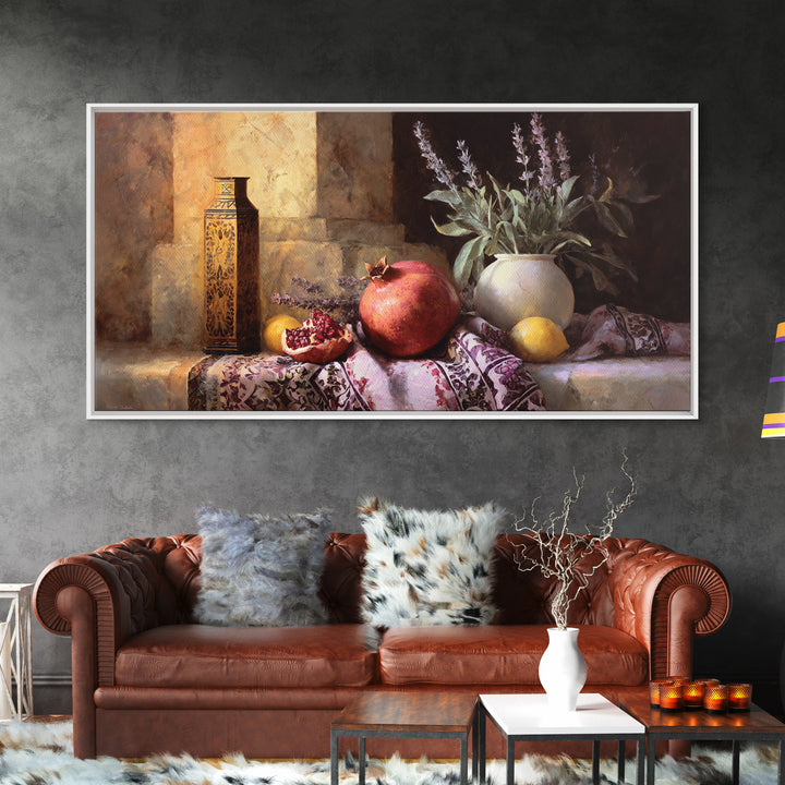 Pomegranate Still Life Canvas Print, Mediterranean Art, Living Room Decor, Oil Painting, Azure, Modern Wall Art, MAR-2x1-39
