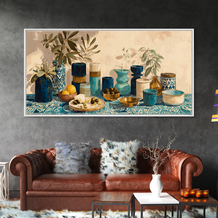Figs Olives and Cheese Still Life Canvas Print, Mediterranean Art, Boho Decor, Living Room Decor, Azure, Digital Wall Art, MAR-2x1-4