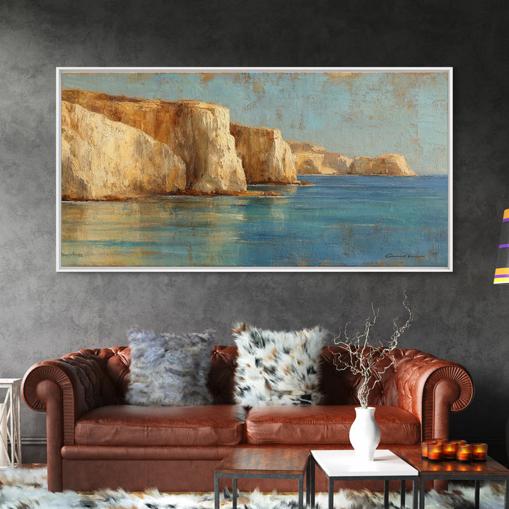 Coastal Cliffs with Sparkling Blue Water Framed Canvas Print, Mediterranean Art, Home Decor, Living Room Decor, Fine Art, Azure, MAR-2x1-40