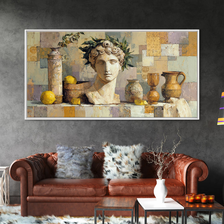 Roman Statue Bust Framed Canvas Print, Mediterranean Art, Gallery Decor, Living Room Decor, Fine Art, Azure, Minimalist Decor, MAR-2x1-42
