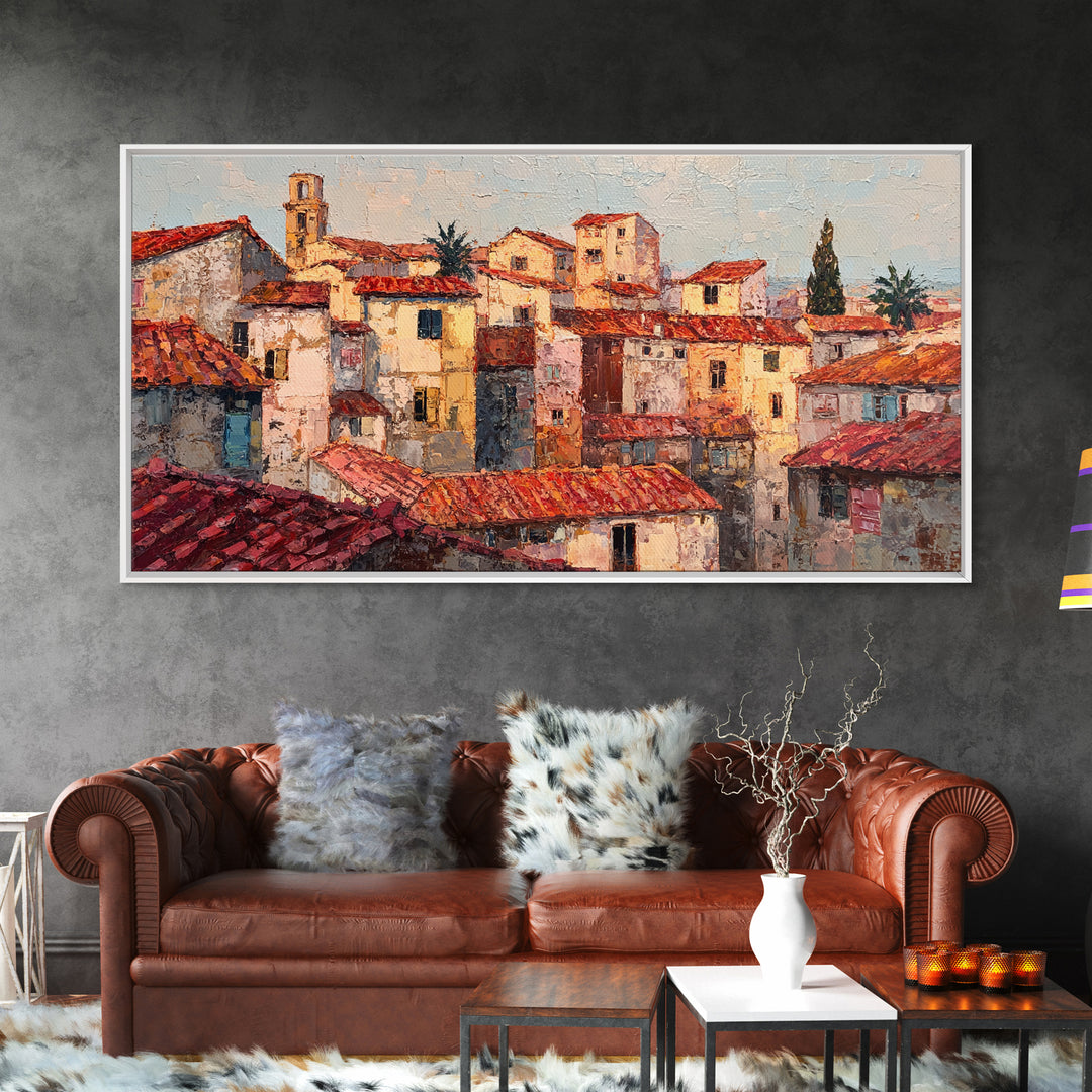 Sunset over Red Tiled Rooftops Framed Canvas Print, Mediterranean Art, Original Painting, Living Room Decor, Fine Art, Azure, MAR-2x1-43