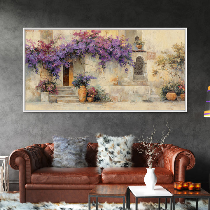 Bougainvillea Cascading over Stone Wall Canvas Print, Mediterranean Art, Home Decor, Living Room Decor, Fine Art, Azure, MAR-2x1-49